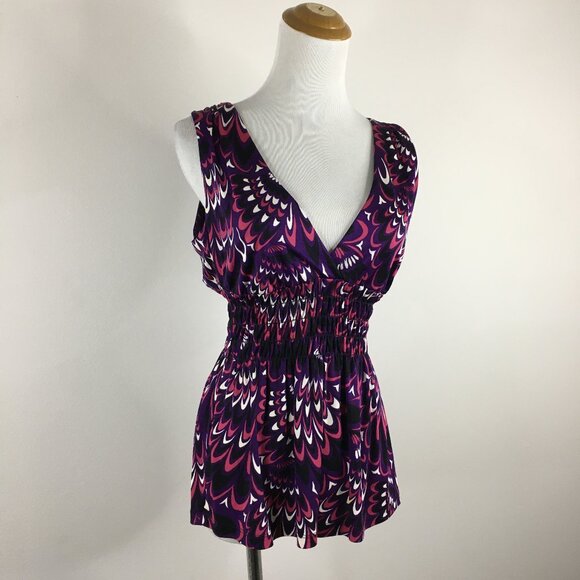 TRINA TURK Low V Neck MultiColor Logo Print 100% Silk Shirred Waist V Neck Top - Picture 1 of 8